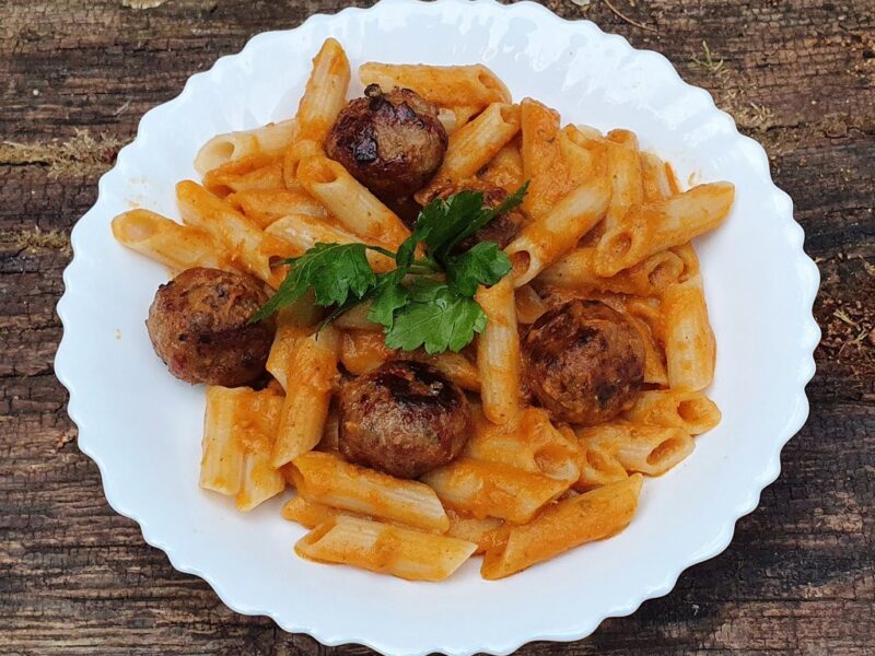 Pasta with vegan meatballs and sweet potato sauce