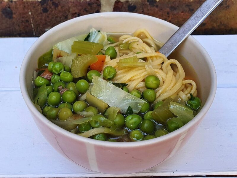 Spring vegetable soup with noodles