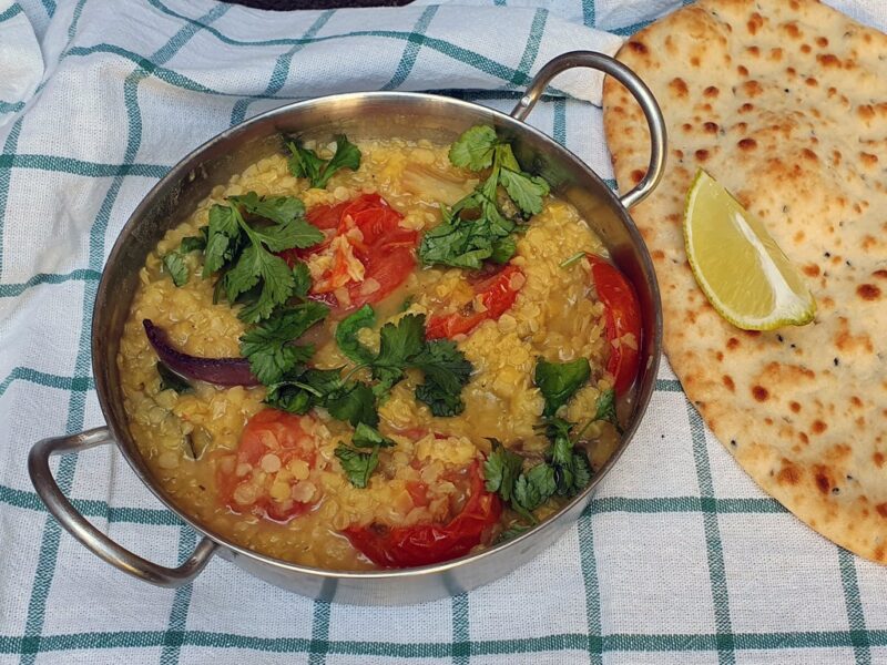 Tadka dal with roasted tomatoes