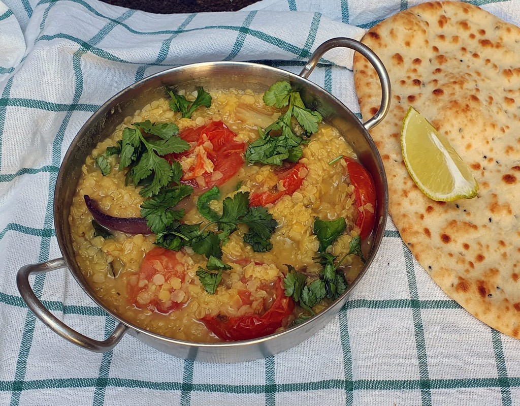 Tadka dal with roasted tomatoes