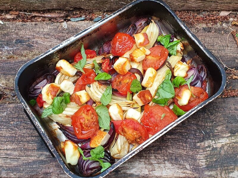 Fennel and tomato bake with halloumi