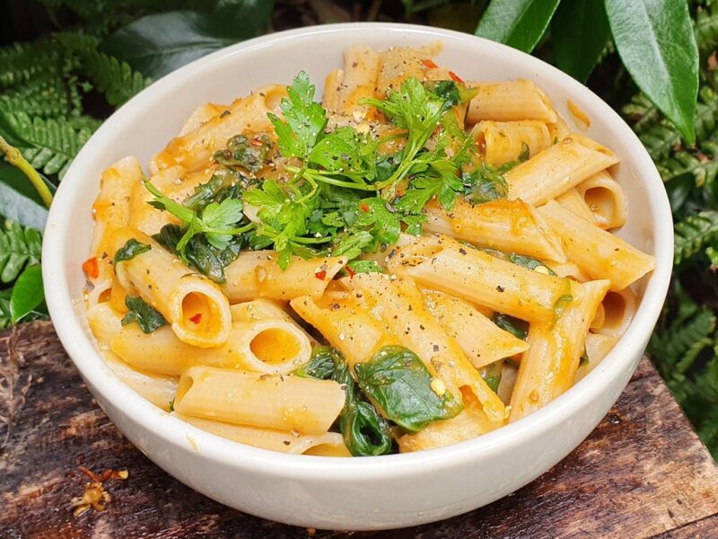 Pasta with sweet potato sauce and spinach