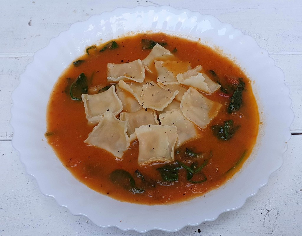 Gluten-free ravioli in roasted tomato sauce