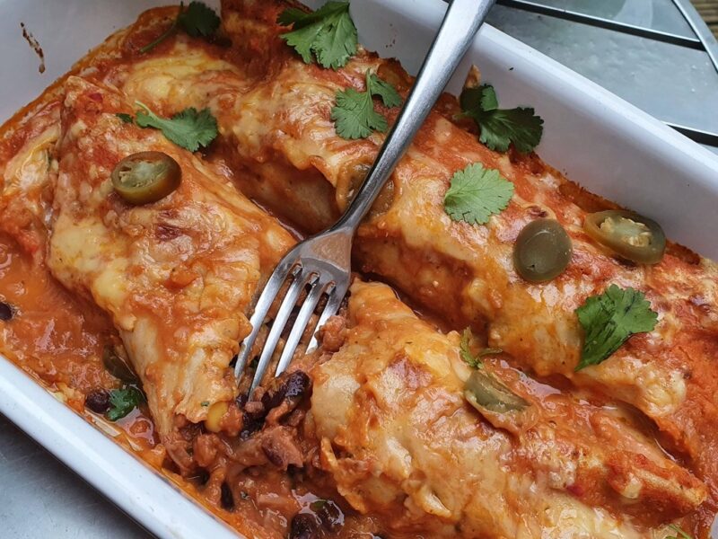 Jackfruit enchiladas in spicy sauce