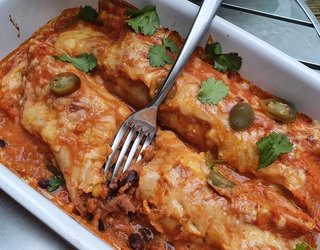 Jackfruit enchiladas in spicy sauce