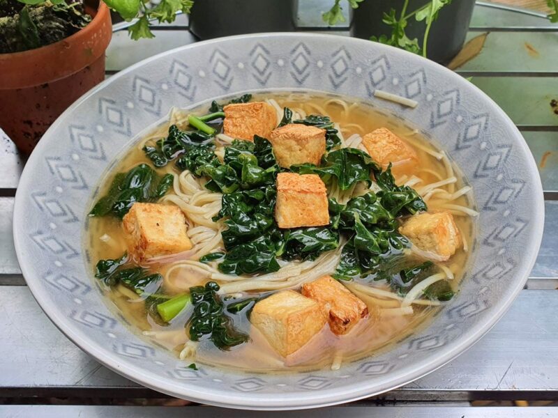 Miso soup with cabbage, tofu and noodles