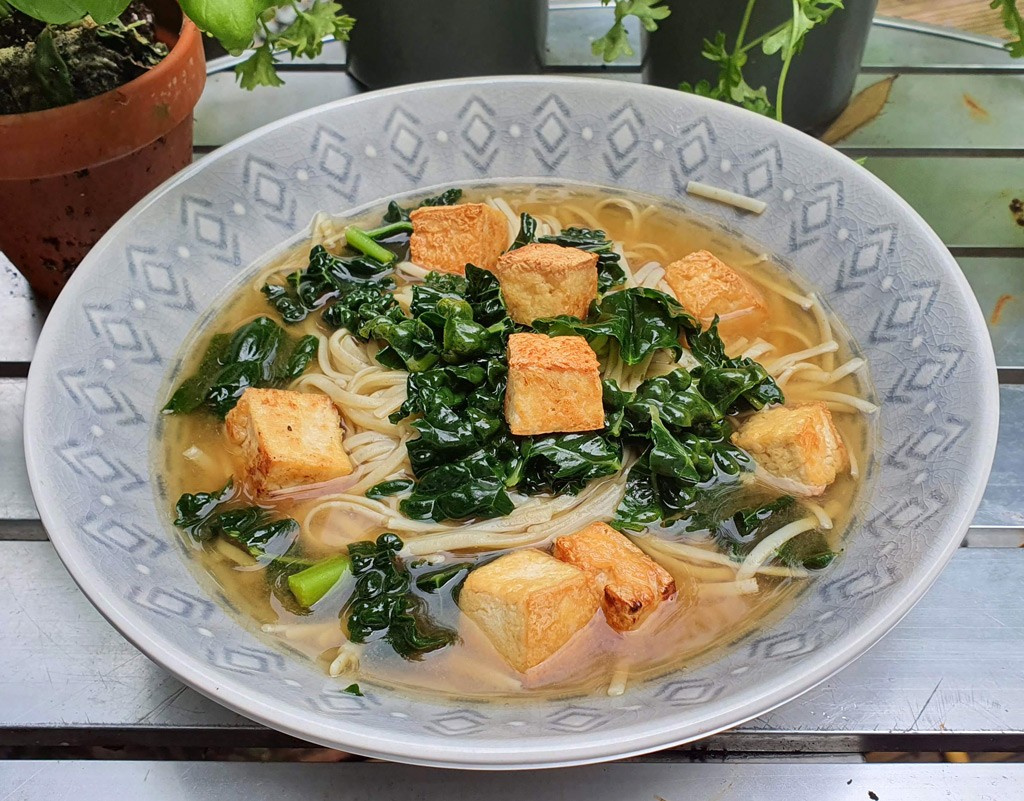 Miso soup with cabbage, tofu and noodles