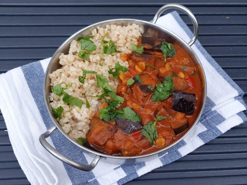 Yellow split pea curry with aubergine