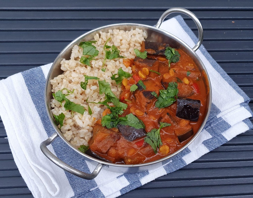 Yellow split pea curry with aubergine