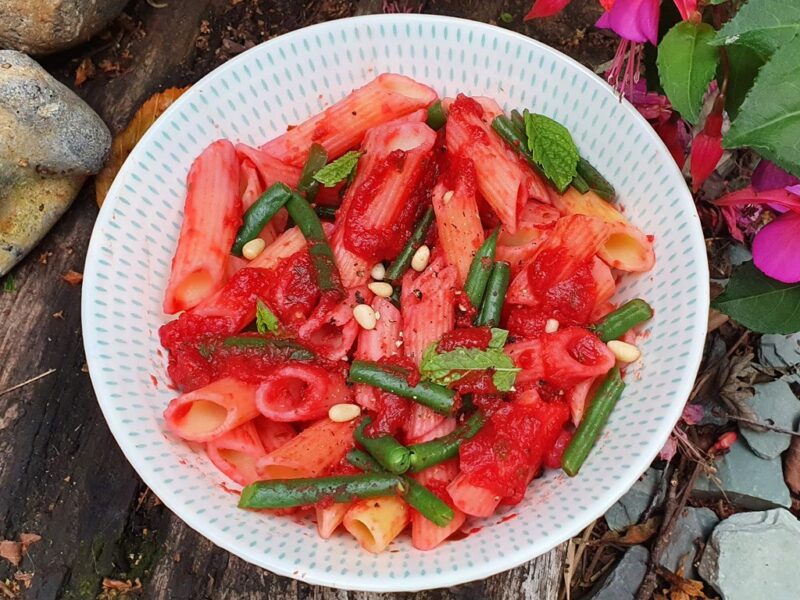 Pasta in roasted beetroot and tomato sauce