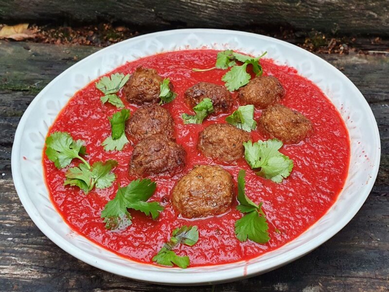 Vegan Meatballs in roasted vegetable sauce