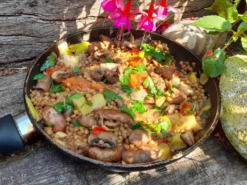 Pan-fried mushroom with leek, tomato and lentil