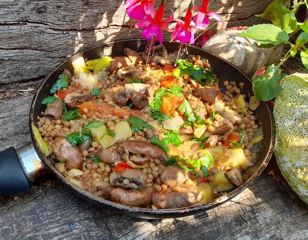 Pan-fried mushroom with leek, tomato and lentil