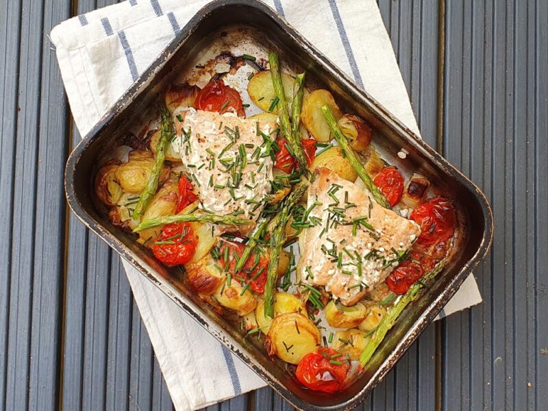 Potato and leek bake with salmon