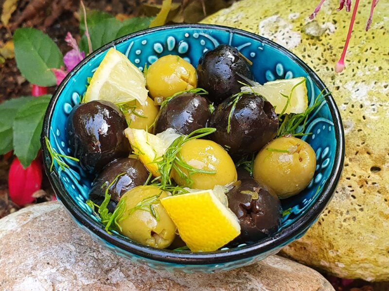 Mixed olives with lemon and dill