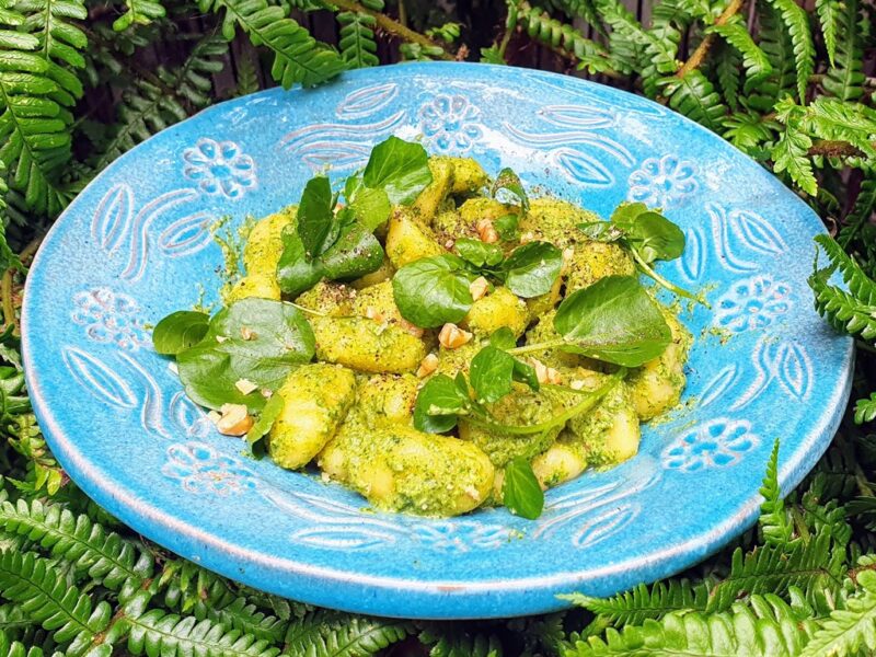 Gnocchi with watercress and walnut pesto