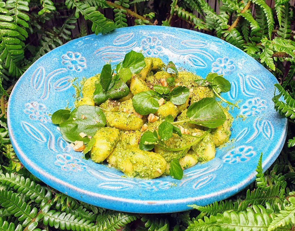 Gnocchi with watercress and walnut pesto