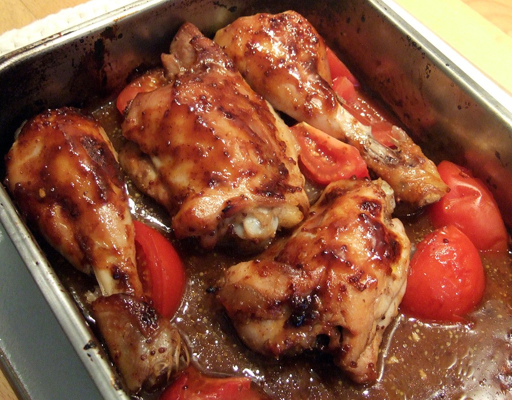 Sticky chicken traybake