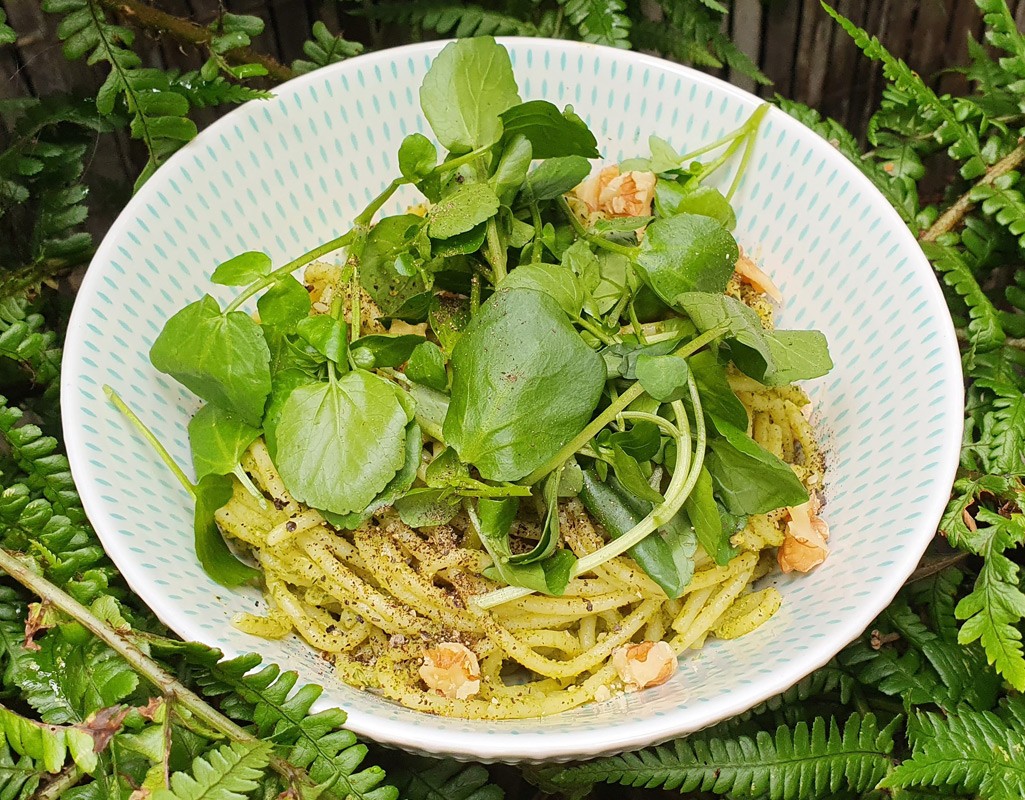 Vegan pasta with watercress and walnut pesto