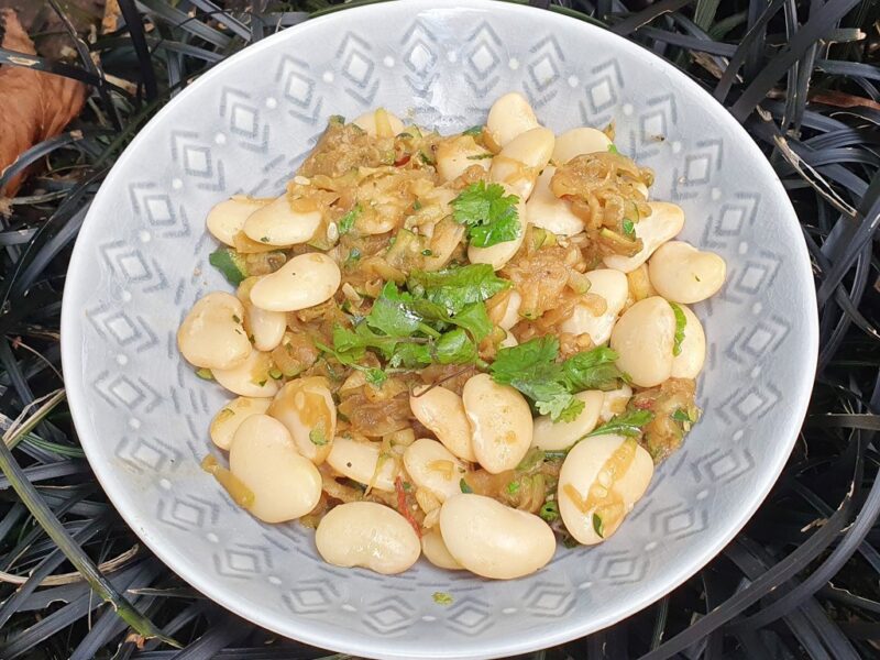 Stir-fried miso courgette with beans