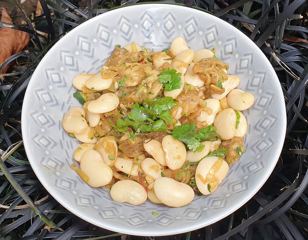 Stir-fried miso courgette with beans