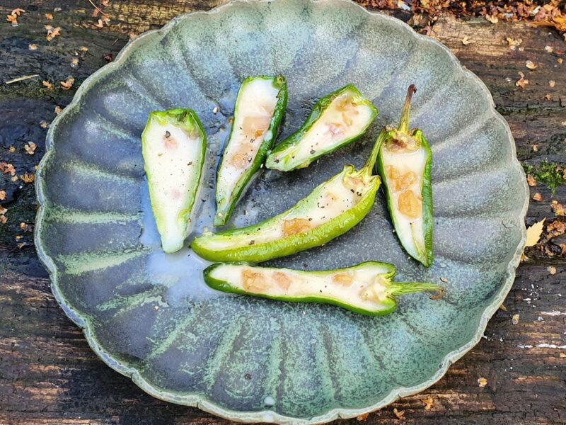 Vegan cheese and walnut stuffed padron peppers