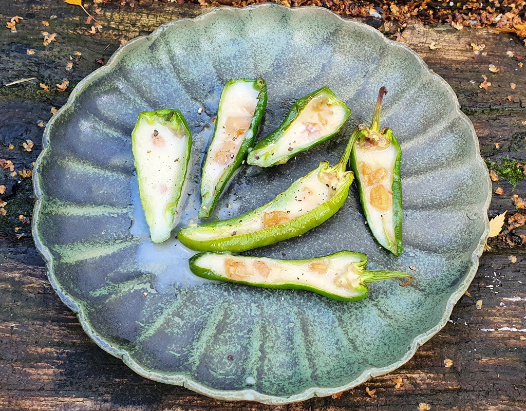 Vegan cheese and walnut stuffed padron peppers