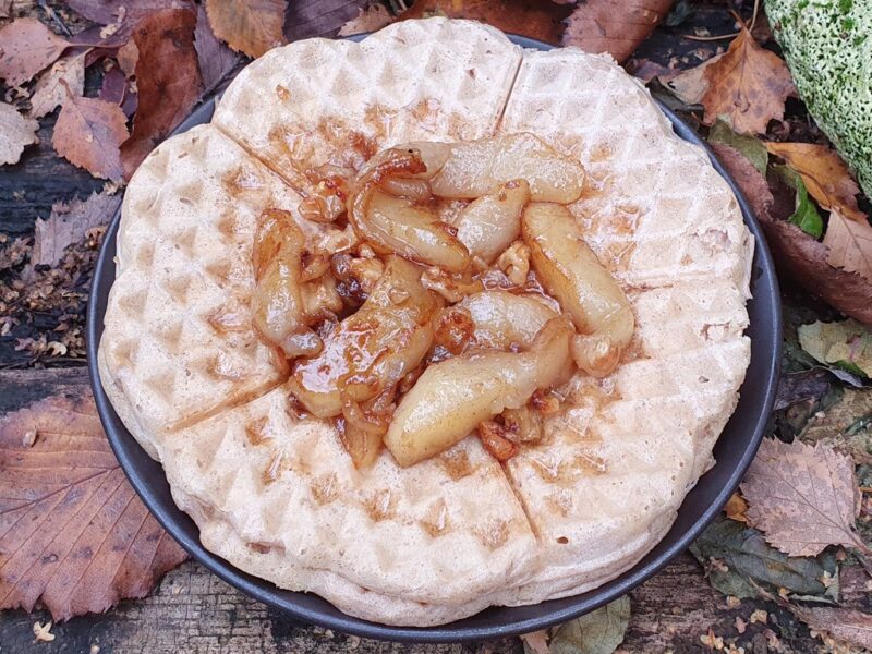 Walnut waffles with cinnamon pear