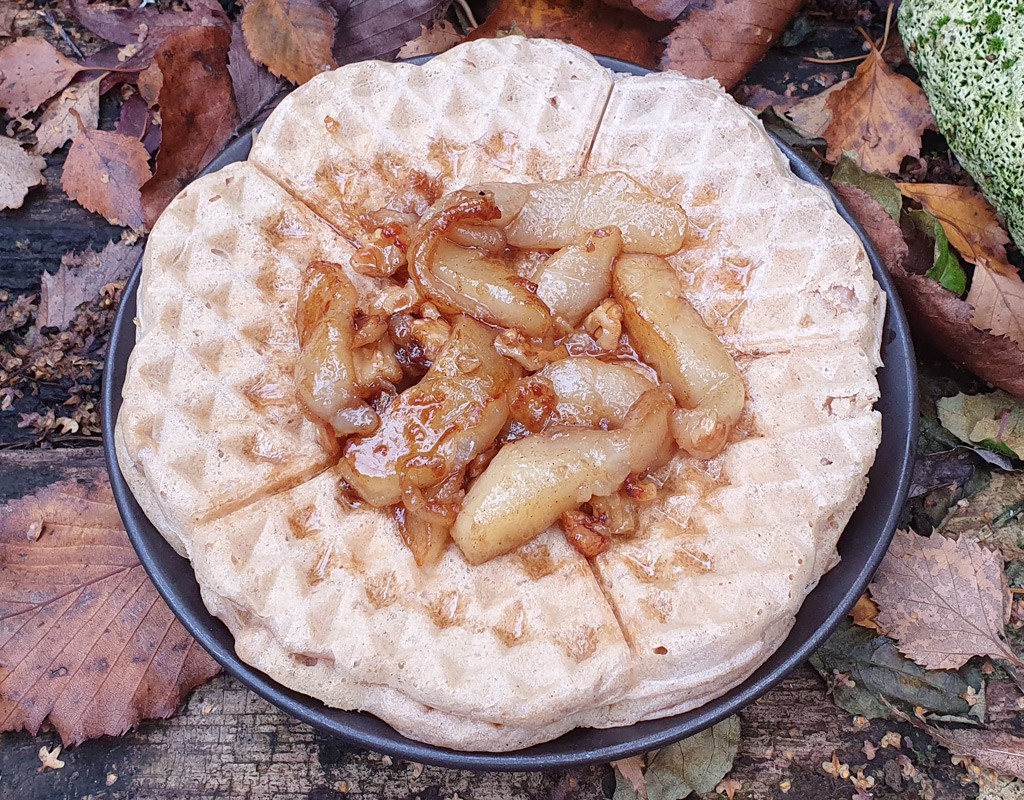 Walnut waffles with cinnamon pear