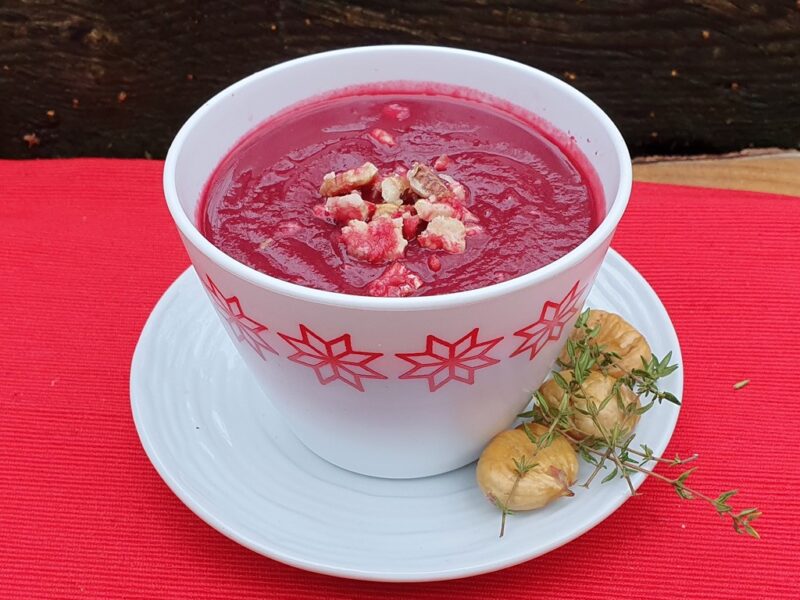 Beetroot and red cabbage soup with chestnuts