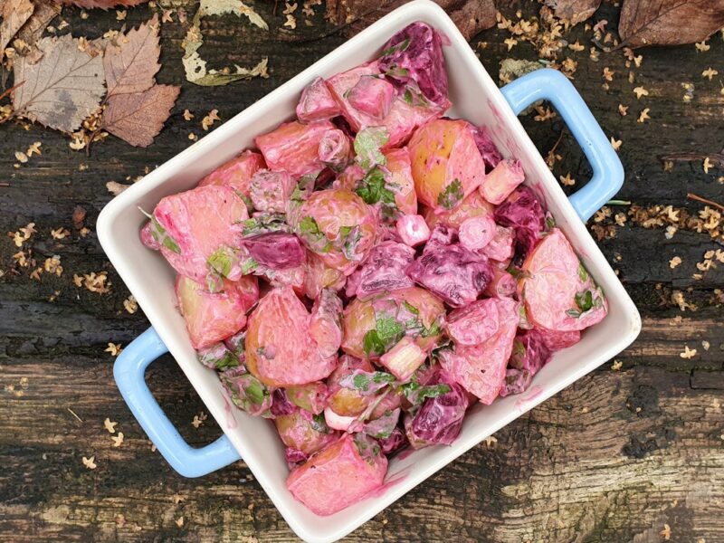 Vegan creamy potato and beetroot salad