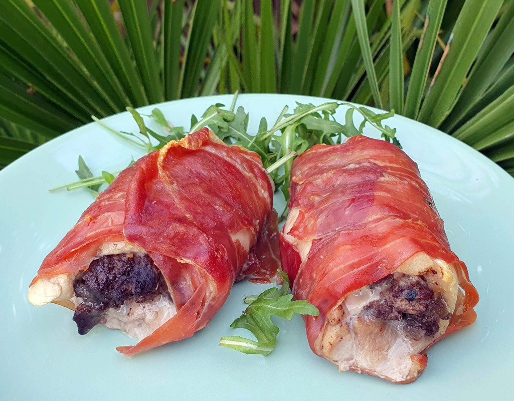 Liver stuffed chicken thighs wrapped in Parma ham