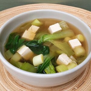 Miso soup with leek and pak choi