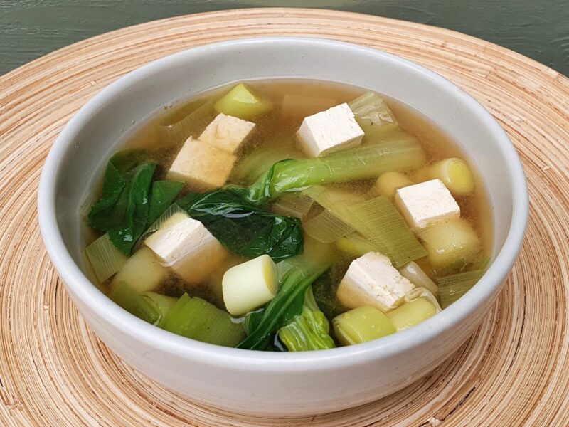 Miso soup with leek and pak choi