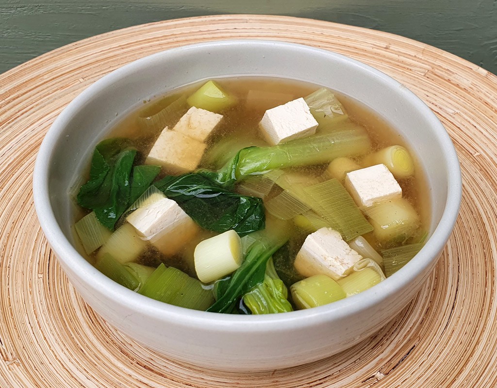 Miso soup with leek and pak choi