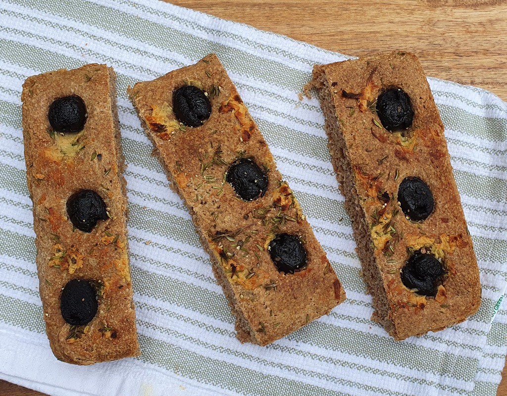 Spelt focaccia with rosemary and olives