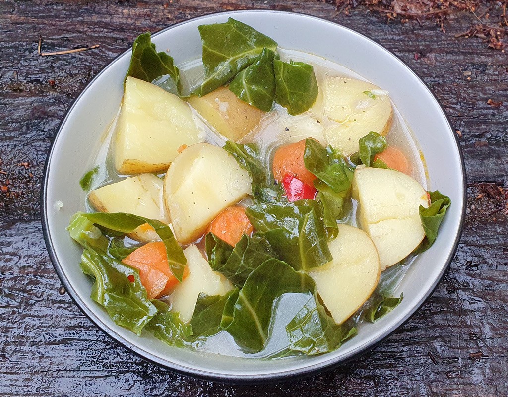 Potato soup with spring greens