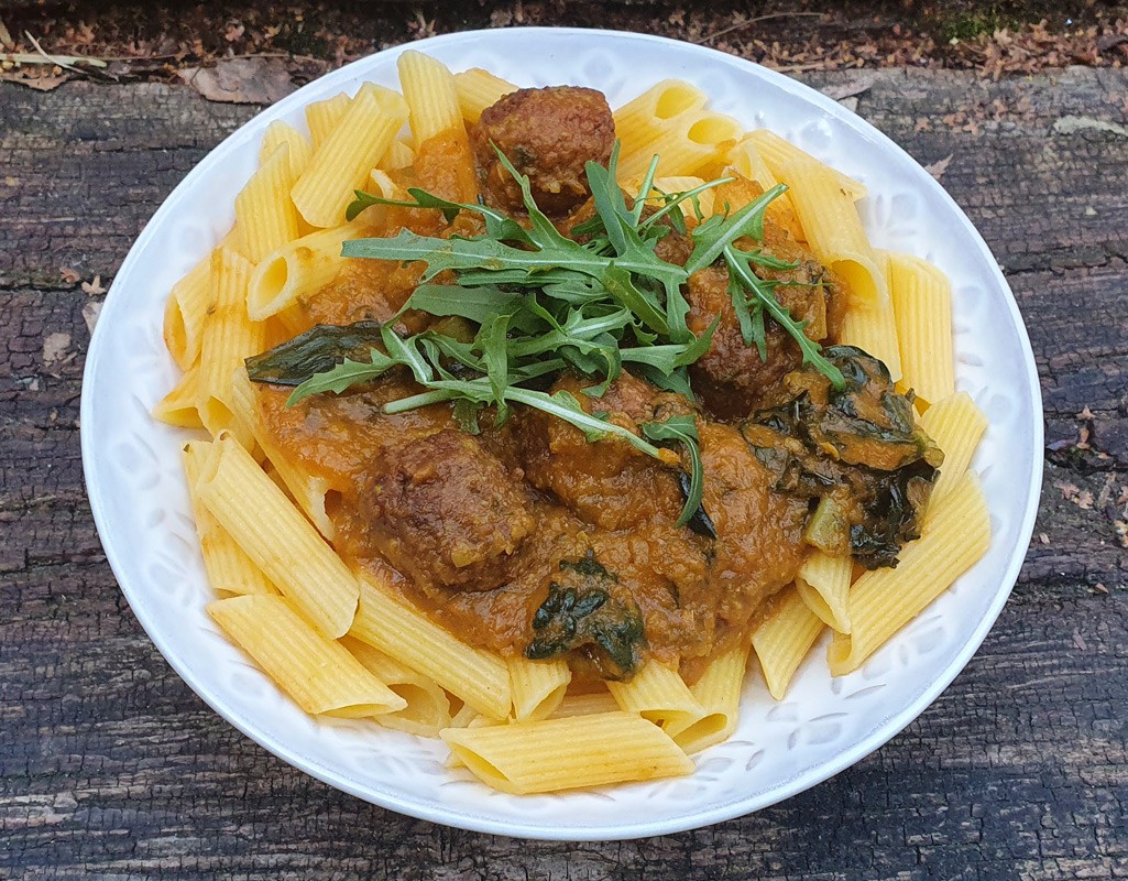 Vegan meatballs in roasted aubergine sauce