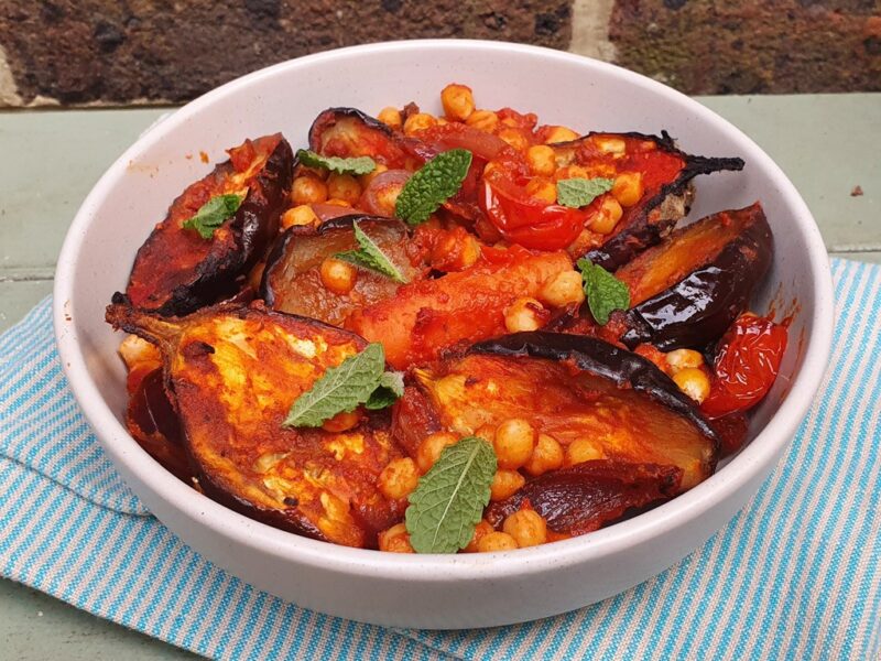 Baked baby aubergine with chickpeas