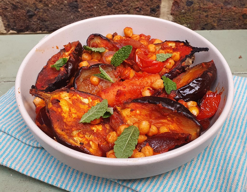 Baked baby aubergine with chickpeas