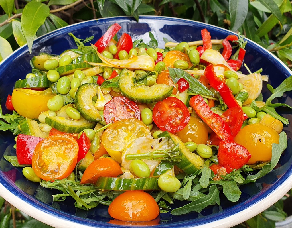 Balsamic edamame and tomato salad