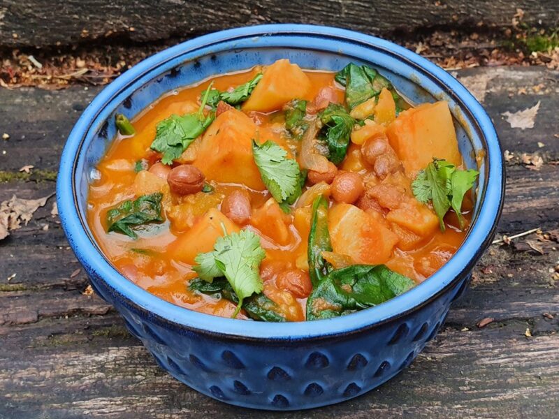 Spiced potato, bean and spinach stew