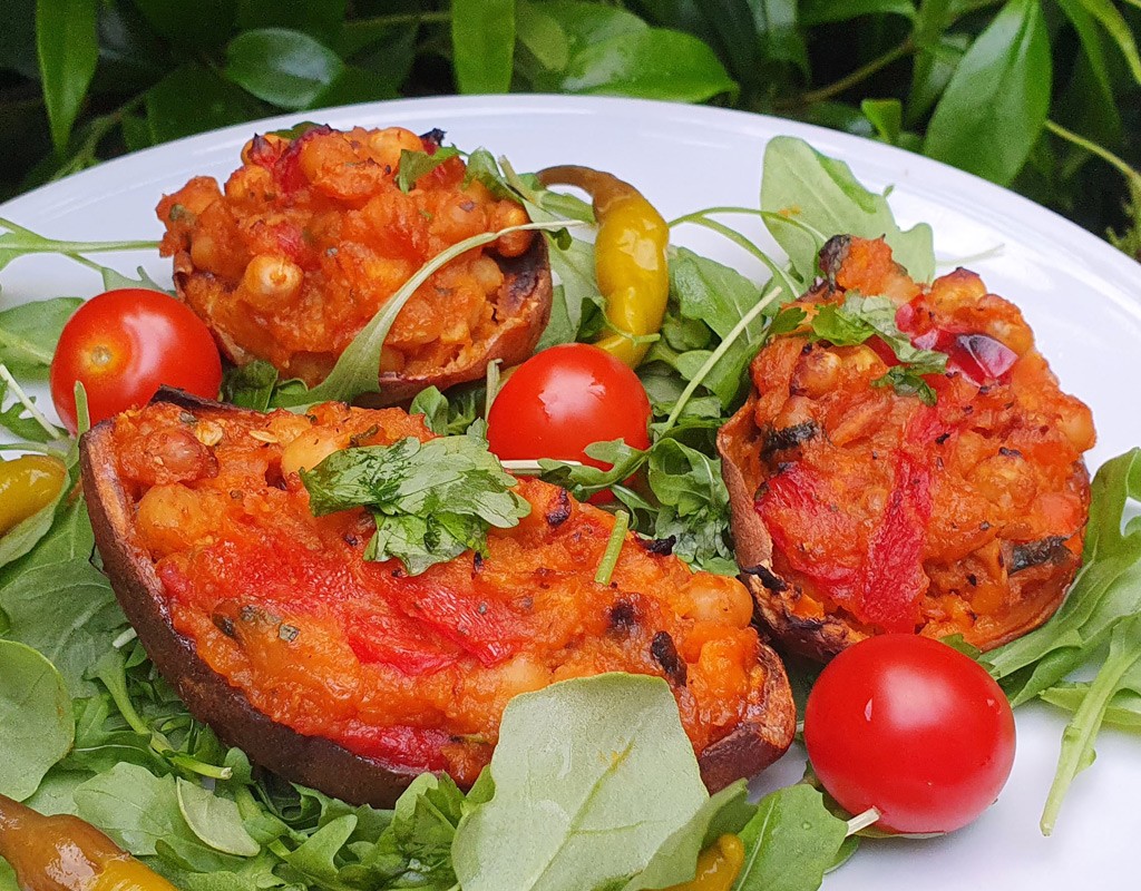 Chickpea stuffed sweet potatoes