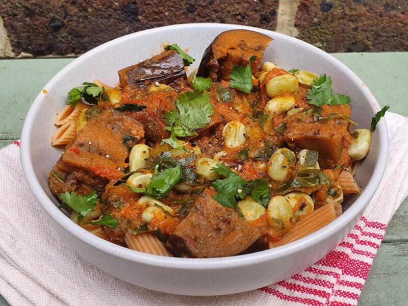 Grilled aubergine in baked tomato sauce