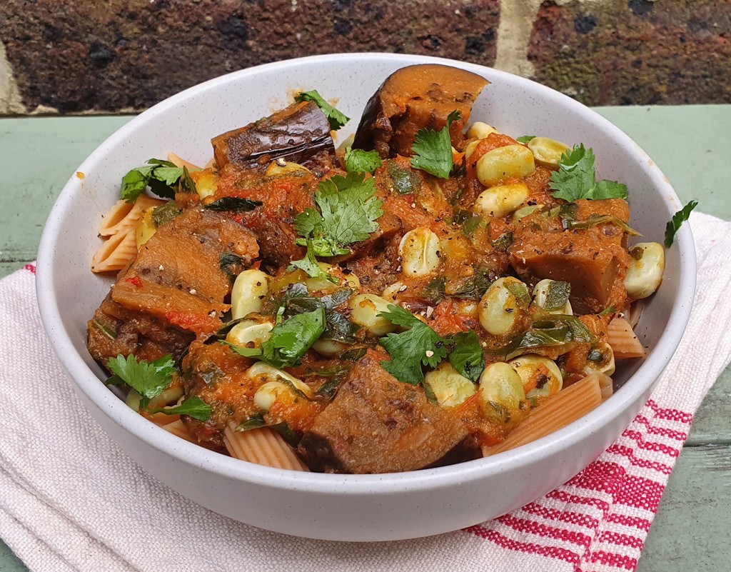 Grilled aubergine in baked tomato sauce