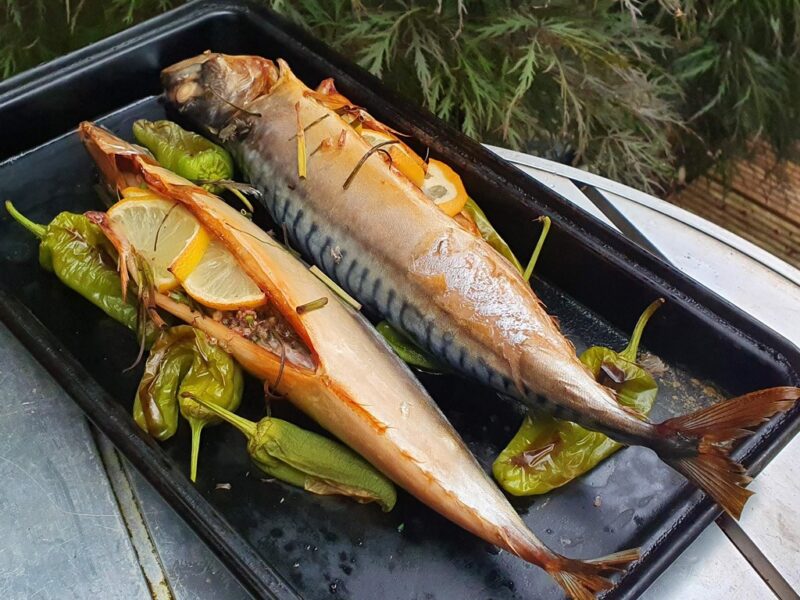 Herby baked mackerel with padron peppers