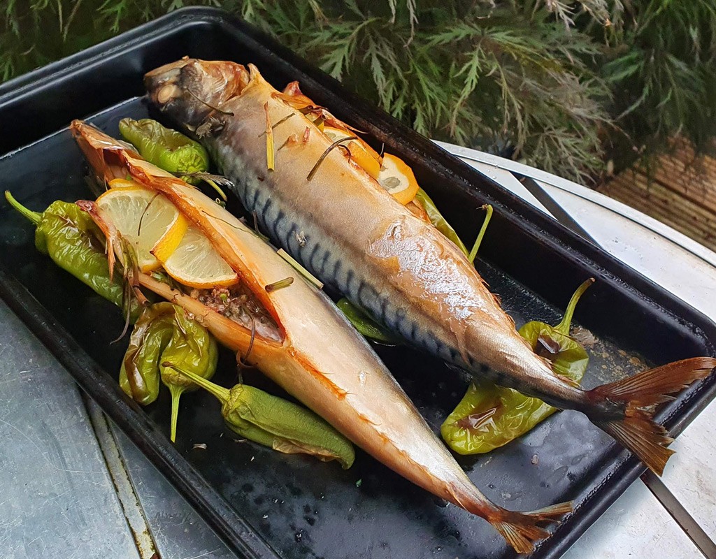 Herby baked mackerel with padron peppers