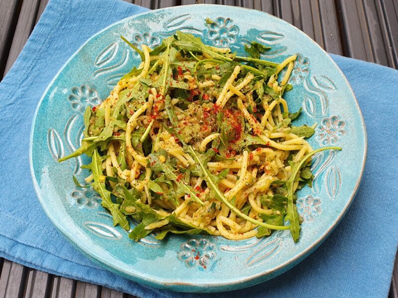 Pasta with aubergine and courgette pesto