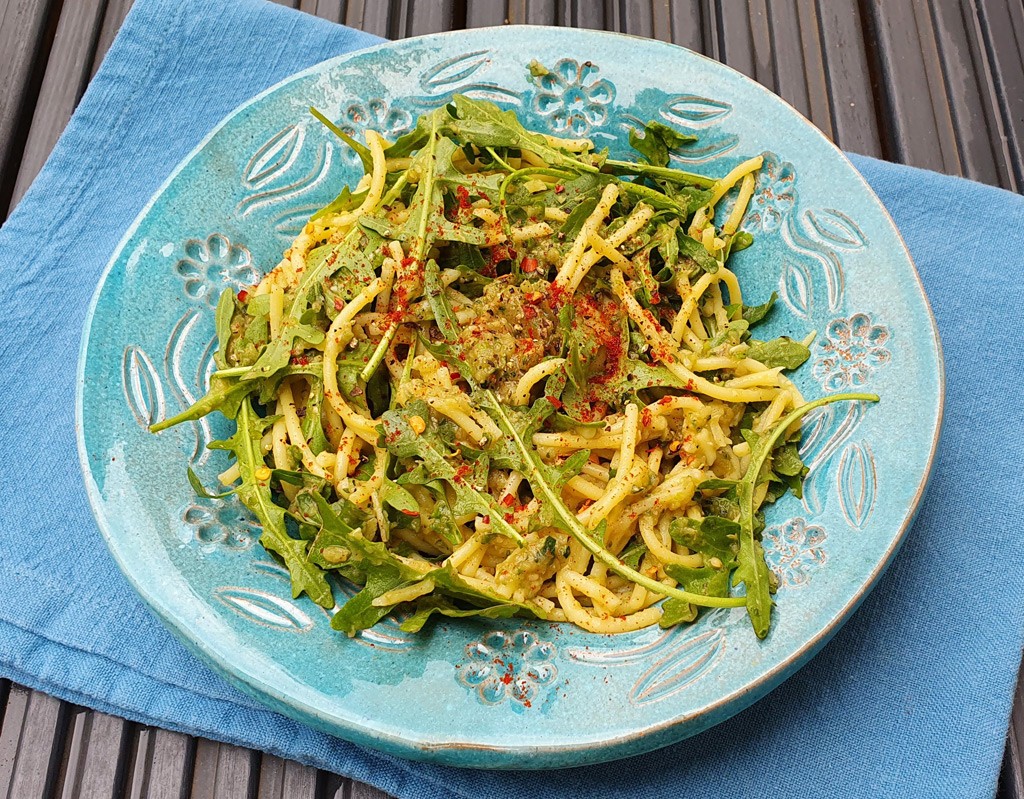 Pasta with aubergine and courgette pesto