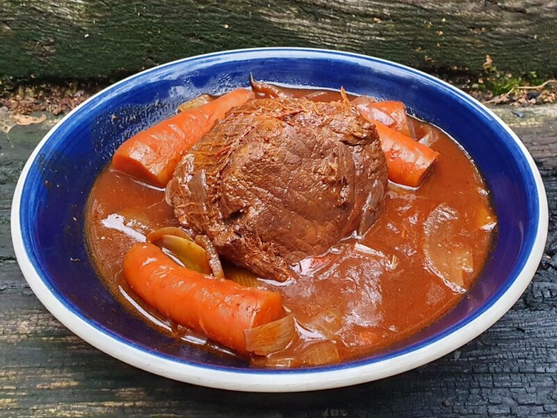 Pot roasted beef in wine sauce